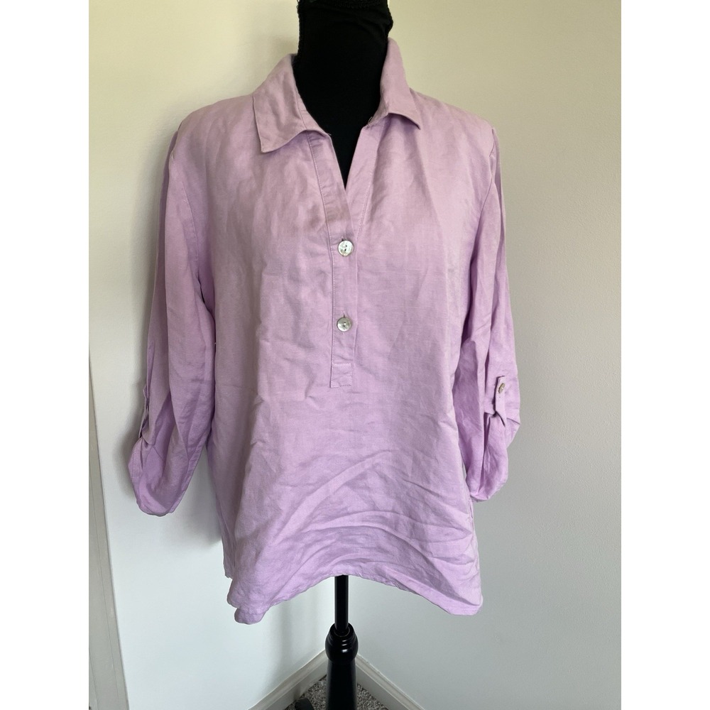 Toofan Linen Lavender 100% Linen Tunic Blouse Button Front Roll Tab Sleeves Sz M